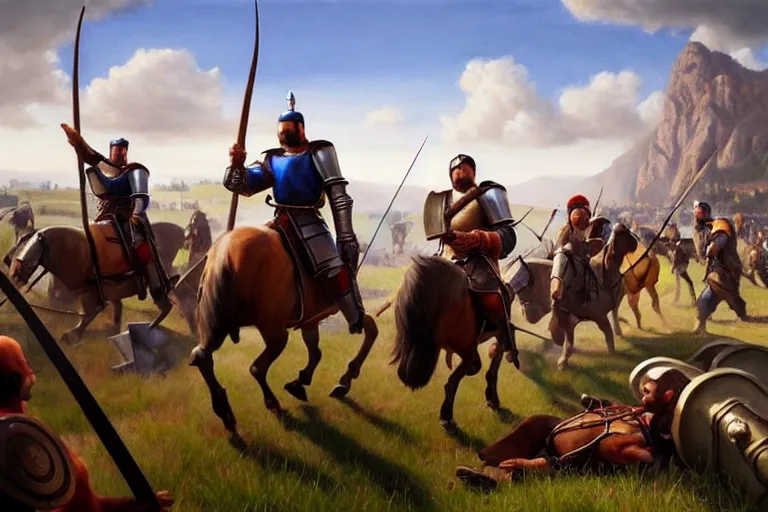 Image similar to ( ( a beautiful 8 k photorealistic masterpiece oil painting ) ( of ( man stuck in the age of empires 2 game ) ( knights and archers are chasing him ) ) ( hyperrealism ) ( 1 6 k ) ( trending on artstation )