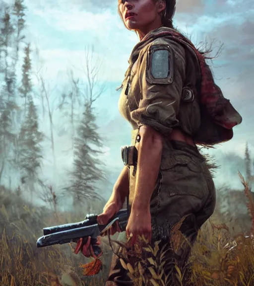 Prompt: fallout 5, charismatic beautiful armoured rugged brunette female protagonist, portrait, outdoors alaskan wilderness, atmospheric lighting, painted, intricate, volumetric lighting, beautiful, daytime, sunny weather, few clouds, sharp focus, deep colours, ultra detailed, art by leesha hannigan, ross tran, thierry doizon, kai carpenter, ignacio fernandez rios