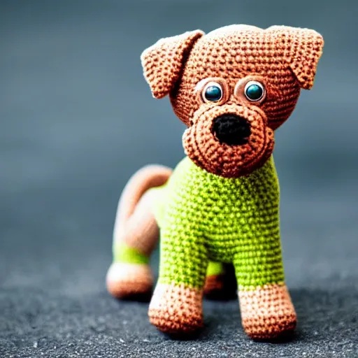 Prompt: a crochet dog, Sigma 30 mm f/1.4