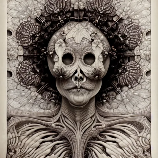 Image similar to detailed realistic beautiful porcelain calaveras portrait by jean delville, gustave dore, iris van herpen and marco mazzoni, art forms of nature by ernst haeckel, art nouveau, symbolist, visionary, gothic, neo - gothic, pre - raphaelite, fractal lace, intricate alien botanicals, ai biodiversity, surreality, hyperdetailed ultrasharp octane render