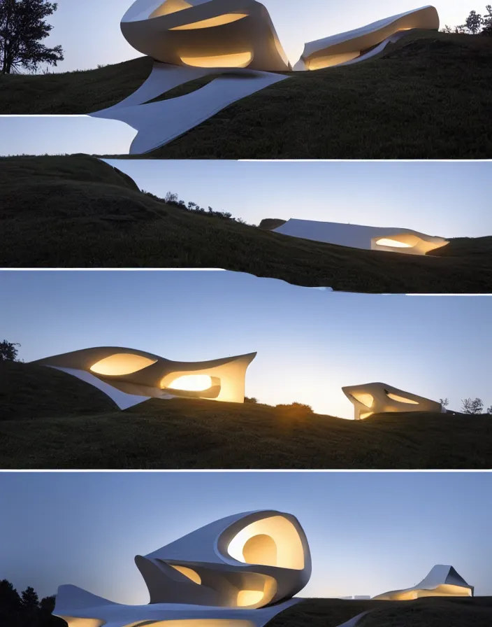 Prompt: zaha hadid 3 d construction printed house on the mountain, soft light, streetscapes stunning volumetric lighting sunset