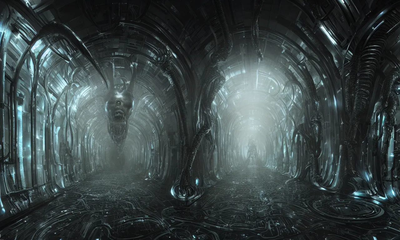 Image similar to sci-fi Prometheus biological corridor, biologic HR Giger style, Alien, Wide angle, featured in artstation, octane render, cinematic, elegant, intricate, 8k