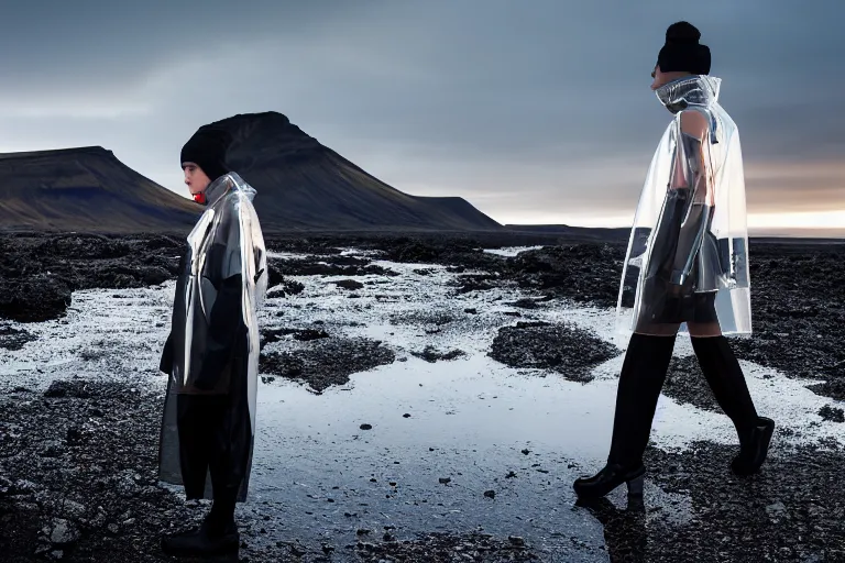 Image similar to an ultra high definition professional high fashion portrait studio full length photograph of a model wearing a transparent pearlescent raincoat and neon visor in an icelandic black rock environment at dawn. no artefacts. extremely detailed. stark. shallow depth of field. volumetric light and shadow. ray tracing. light ray.