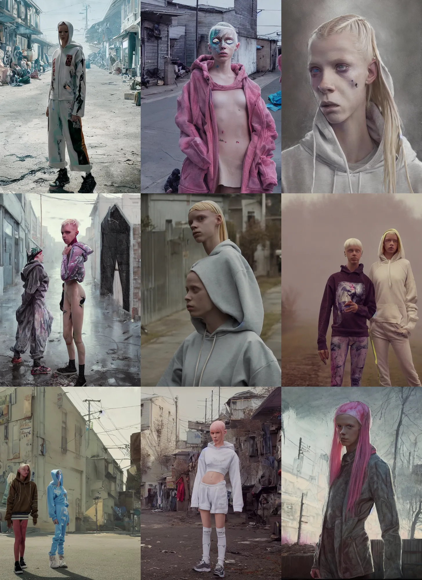 Prompt: still from music video of hunter schafer from die antwoord standing in a township street, wearing a hoodie, street clothes, full figure portrait painting by martine johanna, craig mullins, wadim kashin, pastel color palette, 2 4 mm lens