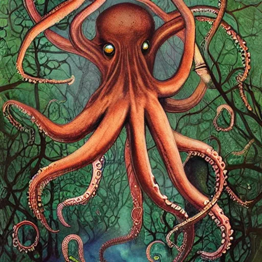 Prompt: a painting of an octopus in the woods, a storybook illustration by Daniel Merriam, featured on deviantart, fantasy art, lovecraftian, storybook illustration, biomorphic