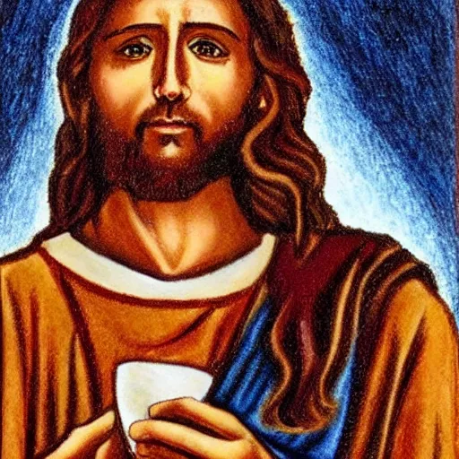 Image similar to photo realistic portrait of jesus eating toast, made with crayons