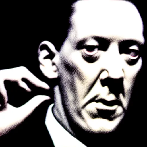 Prompt: h p lovecraft holding up an eye during an photoshoot for his early 2 0 0 0's techno album, artstation, detailed