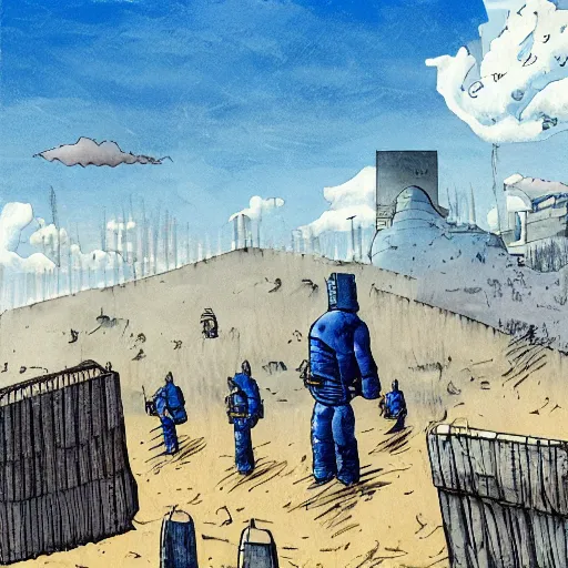 Image similar to blue sky in the style of enki bilal