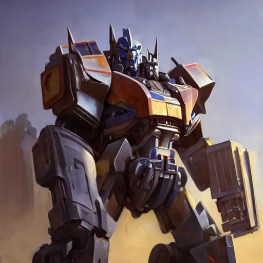 Image similar to greg manchess portrait painting of optimus prime the transformer as overwatch character, medium shot, asymmetrical, profile picture, organic painting, sunny day, matte painting, bold shapes, hard edges, street art, trending on artstation, by huang guangjian, gil elvgren, ruan jia, greg rutkowski, gaston bussiere