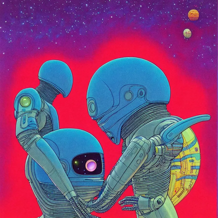 Image similar to ( ( ( ( ( alien king and astronaut talking face to face, side angle ) ) ) ) ) by mœbius!!!!!!!!!!!!!!!!!!!!!!!!!!!, overdetailed art, colorful, record jacket design