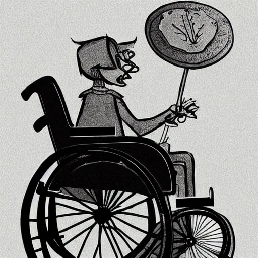 Image similar to storybook illustration of a gaming wheelchair, storybook illustration, monochromatic