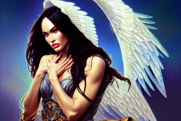 Image similar to portrait of megan fox as an angel, wings, intricate, headshot, highly detailed, digital painting, artstation, concept art, sharp focus, cinematic lighting, illustration, art by artgerm and greg rutkowski, alphonse mucha, cgsociety