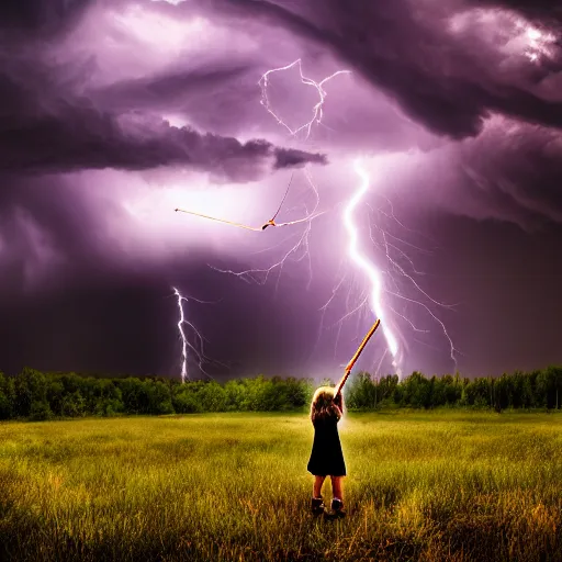 Image similar to young girl playing flute, birch forest clearing, storm at night, lightning dragons attack, low angle facing sky, cinematic, dramatic lighting, big storm clouds, high contrast