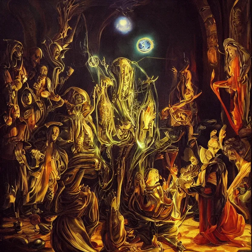 Prompt: alien wizard conjuring glowing magic in a dark laboratory. pulp sci - fi art for omni magazine. baroque period, oil on canvas. renaissance masterpiece.