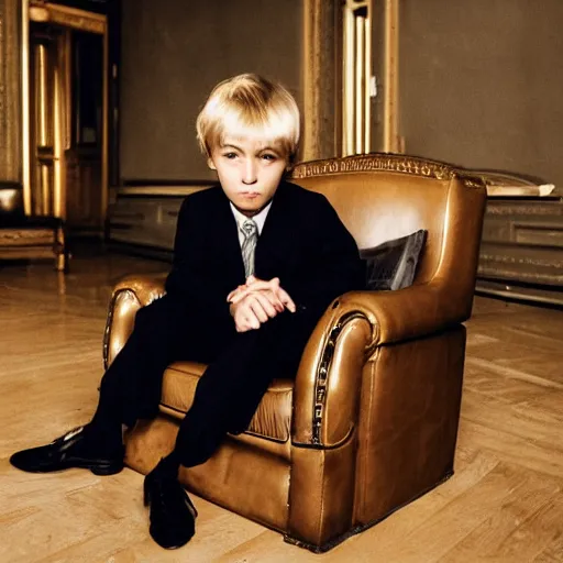 Prompt: a medium shot photograph of a blonde boy sitting on a classic armchair at the Golden ratio position of the photo, wearing causal black suits, in the middle of a hall which fills with mafia men, looking at the adult men kneeling before him kissing his hand, the 2000s, Italy, solemn, pale