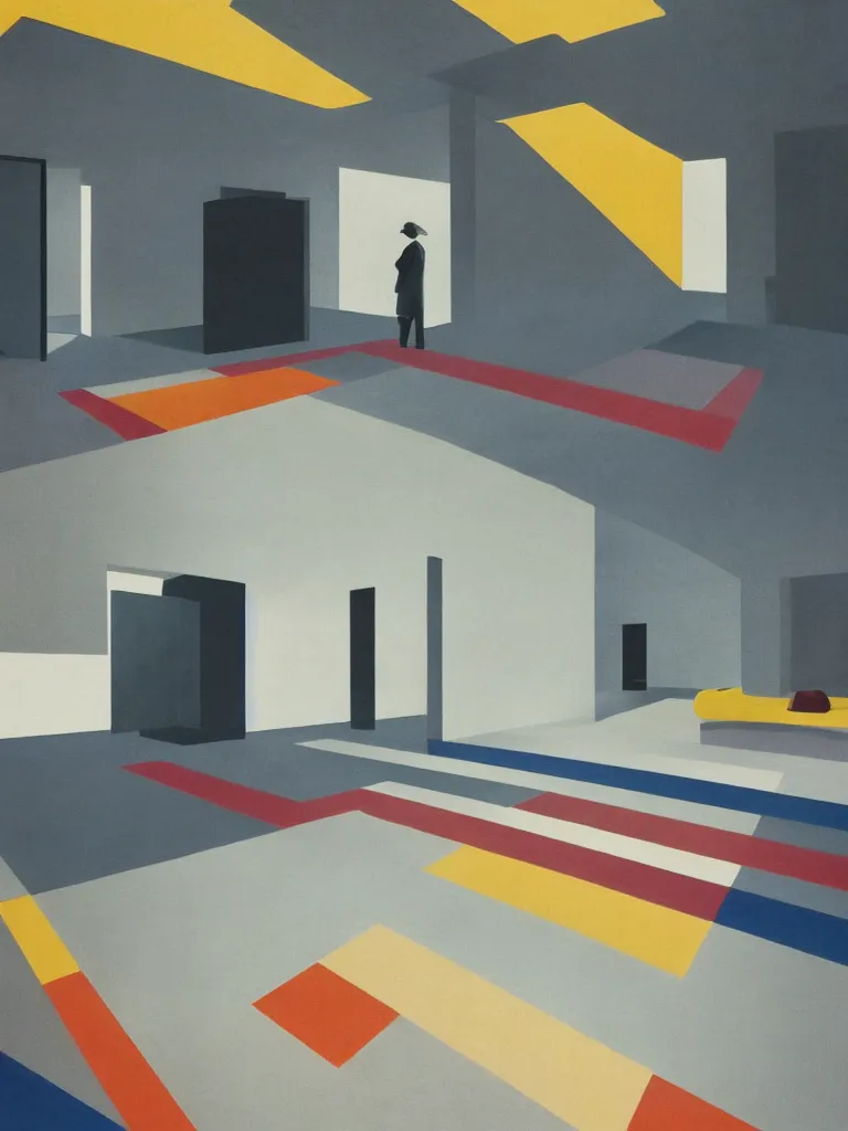 Image similar to colorful minimalist industrial interior bauhaus floors with monolithic pillars in the style of ridley scott and stanley kubrick, impossible stijl architecture, lone silhouette in the distance, ultra wide angle view, cinematic, god rays, volumetric lighting, realistic detailed painting by edward hopper