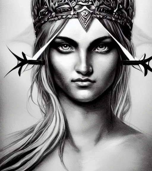 Image similar to beautiful aphrodite goddess wearing an arrow on her head, realistic face, beautiful eyes, black and white drawing, in the style of greg rutkowski, fantasy, amazing detail, epic, intricate, elegant, smooth, sharp focus