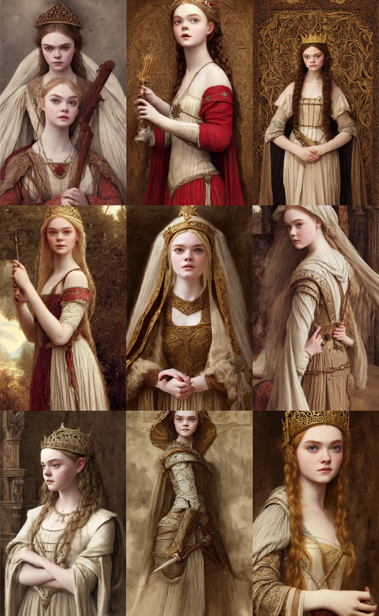 Prompt: elle fanning medieval princess, traditional corsican, intricate, highly detailed, artstation, illustration, jurgens, rutkowski, bouguereau