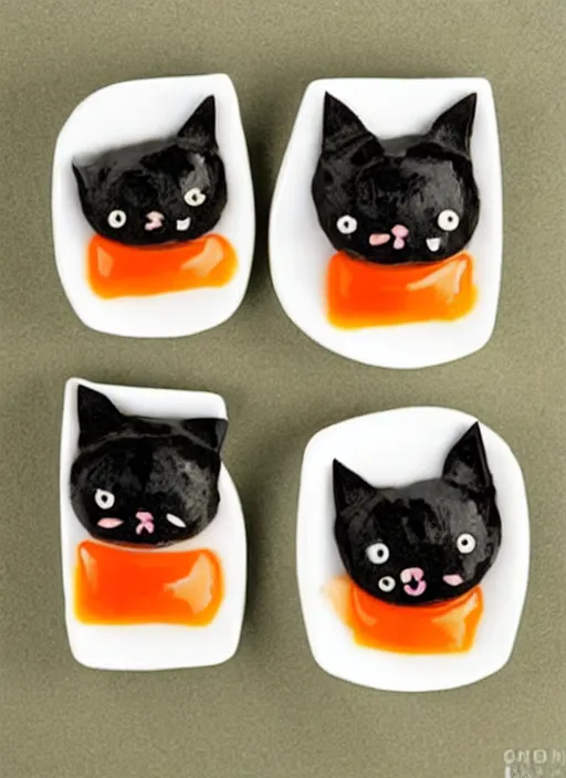 Image similar to clear surrealist painting of tiny adorable cats made from sushi rice, sitting on sushi plates with sushi, garnish, wasabi and soy sauce