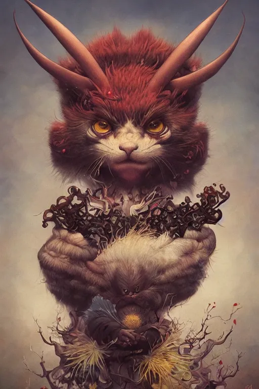 Prompt: a japanese devil animal illustrated by miyazaki by karol bak, james jean, tom bagshaw, rococo, sharp focus, trending on artstation, cinematic lighting, hyper realism, octane render, 8 k, hyper detailed, vivid, ultra detailed, highly detailed