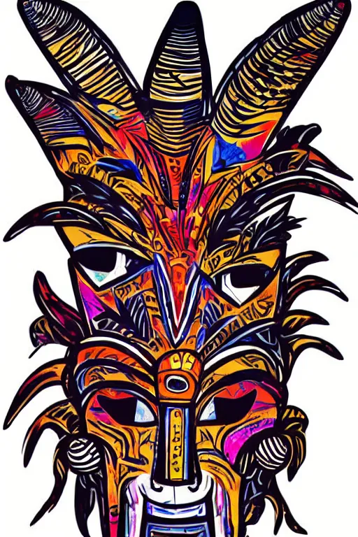 Image similar to totem animal tribal chaman vodoo mask feather gemstone plant video game illustration vivid colorful borderlands and by feng zhu radiating a glowing aura