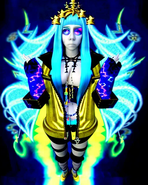 Image similar to baroque bedazzled gothic royalty frames surrounding a hologram of rimuru tempest with sky blue hair and golden yellow eyes, wearing a cybergoth jacket, holography, irridescent