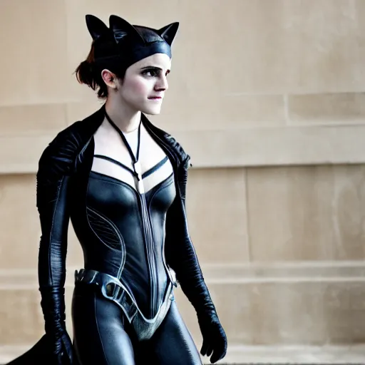 Image similar to Emma Watson as Catwoman, Fujifilm X-T3, 1/1250s at f/2.8, ISO 160, 84mm, 8K, RAW, symmetrical balance, Dolby Vision, HDR, face retouch