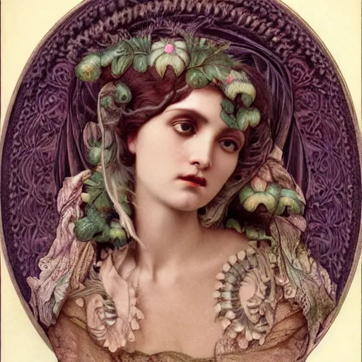 Image similar to hyperrealistic detailed portrait of ivory beautiful demonic witch, art by ernst haeckel, john william godward, hammershøi, alphons mucha, pontormo, ornamental, decorative, art nouveau pattern, deep pastel colors,