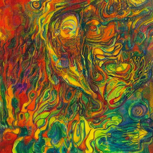 Prompt: sharpen trippy acid lakes, beautiful painting by Affandi