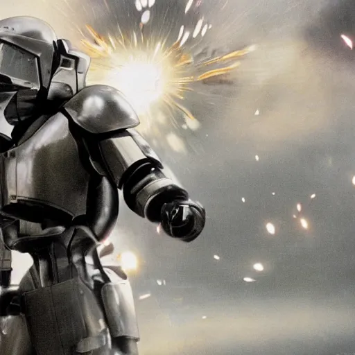 Image similar to movie photograph of an old man who is a veteran of many futuristic wars with short gray hair and blue eyes. he is wearing a light gray futuristic suit of heavy combat armor and holding a blaster in one hand and a plaster plasma - proof shield in the other. riding a white armored motorcycle charging into enemy lines while firing plasma bolts. futuristic battle.