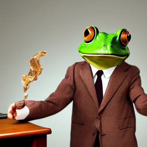 Prompt: an anthropomorphic frog wearing a suit and smoking a cigar in an office chair, 8k, photorealistic,