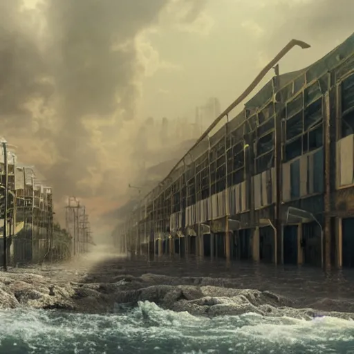 Image similar to a beautiful post - apocalyptic matte - painting of a large warehouse full of hosepipe. flooded. waves. hot sun outside.