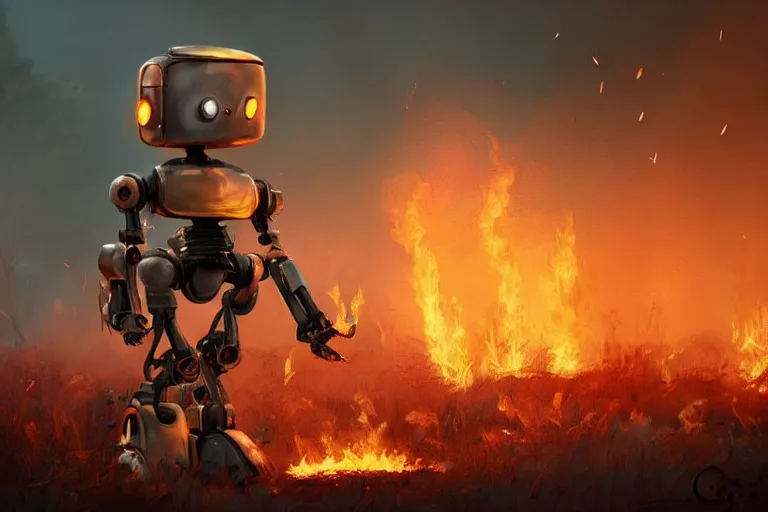 Image similar to a small scrawny robot taking some metal objects off the ground in a burning forest fire, by alejandro burdisio, trending on cgsociety, unreal engine