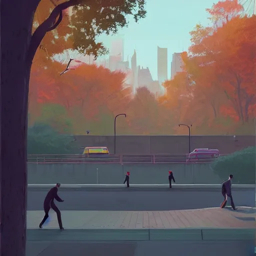 Prompt: concept art by Stan stalenhag of Agent 47 skateboarding in the central park. epic wide angle shot, cinematic lighting, photorealistic, award winning on Artstation, hyper detailed, hyper realistic.