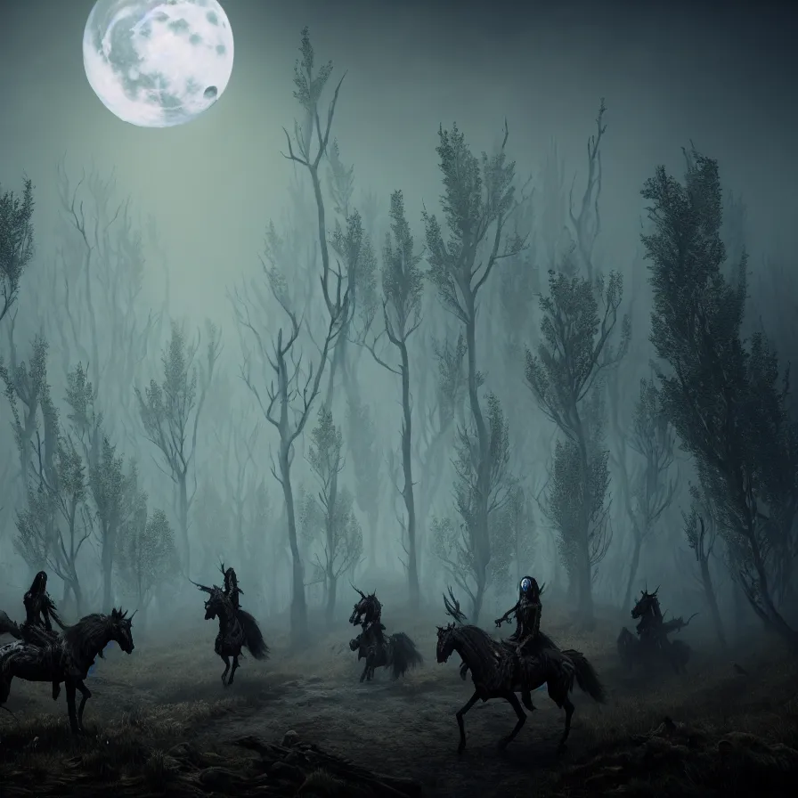 Prompt: the wild hunt, ghost riders in the full moon, skeletal shadow creatures, lurking enchanted forest, blizzard, mist, treacherous road, uneasy atmosphere, from the witcher, cinematic, arnold gpu, octane workflow, 8 k, unreal 5, hyperrealist, intricate digital art, volumetric lighting, trending artstation, dark fantasy