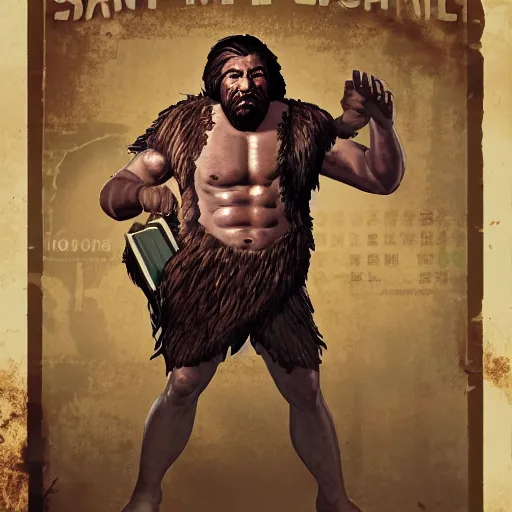 Image similar to saint homo neanderthalis portrait poster with book of science on his right hand, gta chinatown wars art style, bioshock infinite art style, hyperrealistic, two colors, paper border, 4 k, remove duplicate content, justify contents center.