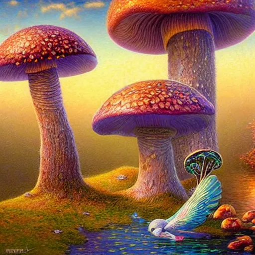 Prompt: mushroom iridescent bird weird rich art nouveau by artgerm, thomas kinkade, evgeny lushpin