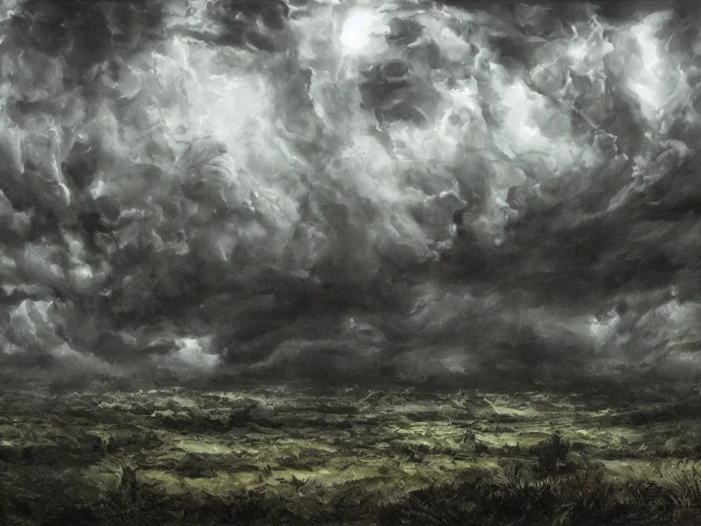 Prompt: detailed landscape, forests. very detailed dark super storm, hyper realistic clouds, impressive, magical, very atmospheric, smoke boiling, cinematic, deep, very high complexity, stunning, masterpiece, chiaroscuro, in the style of david holland and laura den hertog and michael creese, very detailed. 4 k