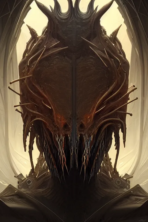 Image similar to professional concept art symmetrical portrait of a horrendous mechanical predatory fractal! species in a dark room by artgerm and greg rutkowski. an intricate, elegant, highly detailed digital painting, concept art, smooth, sharp focus, illustration, in the style of cam sykes.