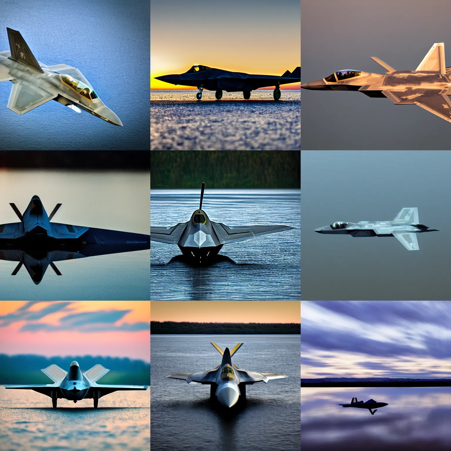 Prompt: F-22 in a lake, blue hour, Tilt shift photography, blurry