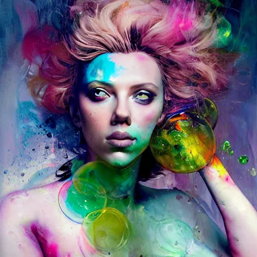 Prompt: drunken scarlett johansson as delirium from sandman, ( hallucinating colorful soap bubbles ), by jeremy mann, by sandra chevrier, by dave mckean and richard avedon and maciej kuciara, punk rock, tank girl, high detailed, one green eye and one blue eye, 8 k