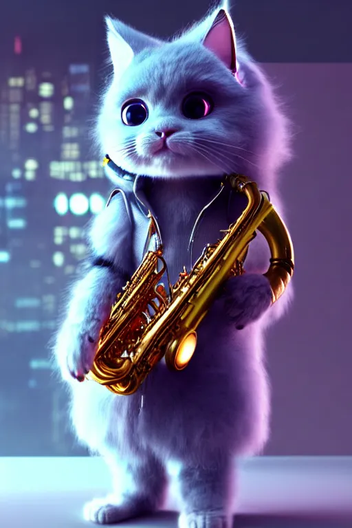 Image similar to high quality 3 d render very cute fluffy cyborg! cat plays saxophone, cyberpunk highly detailed, unreal engine cinematic smooth, in the style of blade runner & detective pikachu, hannah yata charlie immer, moody light, low angle, uhd 8 k, sharp focus
