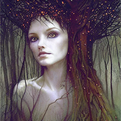 Prompt: portrait of a dryad in a forest of fey autumn maples by greg rutkowski and brian froud dark mysterious, filtered evening light