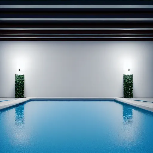 Image similar to a very large empty pool, liminal space, white and blue, horizontally symmetrical, nocturnal, octane render, sharp focus