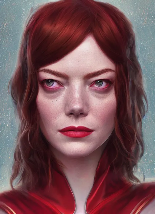 Image similar to portrait of emma stone as scarlet witch, hyper detailed, digital art, trending in artstation, cinematic lighting, studio quality, smooth render, unreal engine 5 rendered, octane rendered, art style by klimt and nixeu and ian sprigger and wlop and krenz cushart.