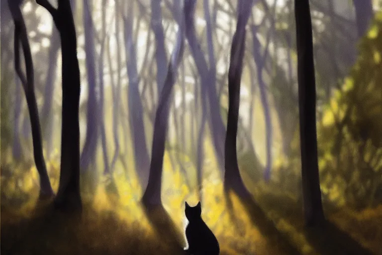 Prompt: a forest with a cat, trending on artstation, by wayne mcloughlin, backlighting, portrait