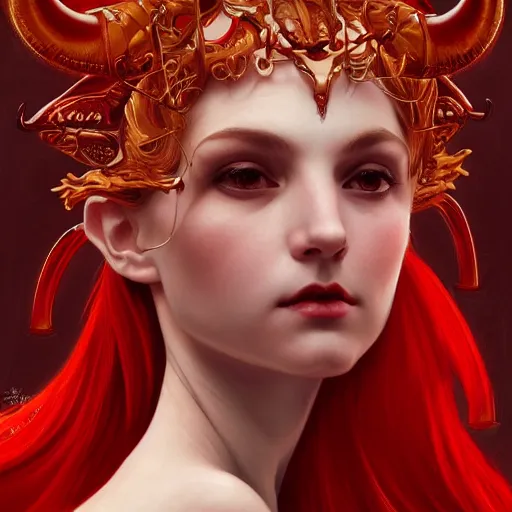 Prompt: Portrait of beautiful pale demon girl with horns, red lighting, intricate, elegant, highly detailed, digital painting, artstation, smooth, sharp focus, illustration, art by artgerm and greg rutkowski and alphonse mucha and Wayne Barlowe and william-adolphe bouguereau