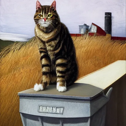 Prompt: absolutely yoked shredded physique fuzzy furry ears Portrait of Lou Ferrigno camouflaged as Tabby Cat whilst wearing a pink tuxedo Standing atop a Garbage Truck Eric Ravilious Edward Hopper Newell Convers Wyeth Andrew Wyeth Jamie Wyeth