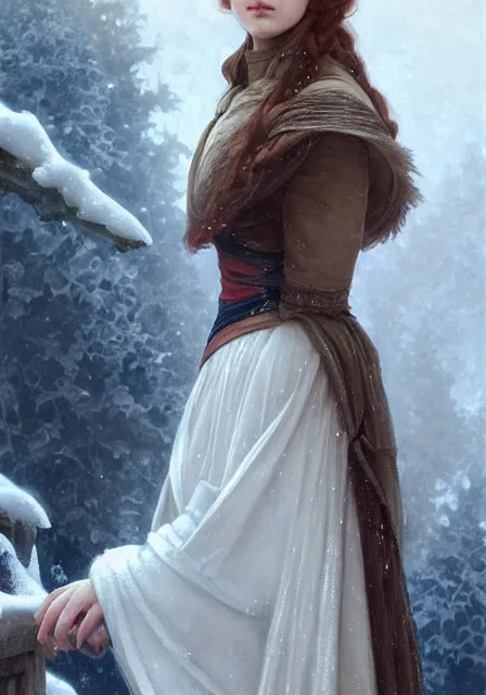 Prompt: sansa emma watson snow, intricate, elegant, highly detailed, digital painting, artstation, concept art, smooth, sharp focus, illustration, art by artgerm and greg rutkowski and alphonse mucha and william - adolphe bouguereau