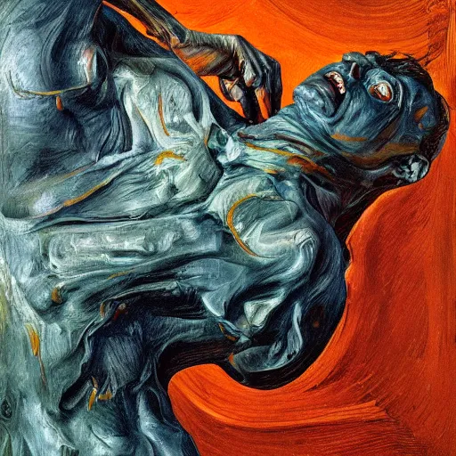 Image similar to high quality high detail painting of a man in agony by lucian freud and edward hopper and jenny saville and francis bacon, hd, dark demonic dancer, turquoise and orange